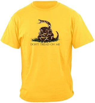 Don't Tread on Me Yellow t-shirt with coiled snake. Affiliate post.
