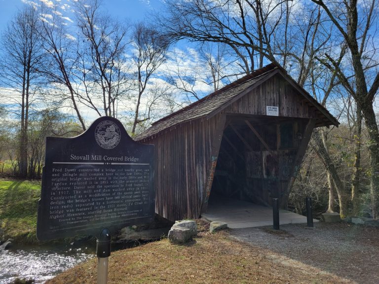 Stovall Mill Covered Bridge and historic marker