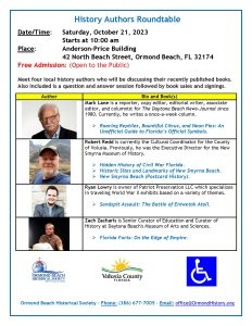 History Authors Round Table Saturday, October 21 at 10am at the Ormond Beach Historical Society