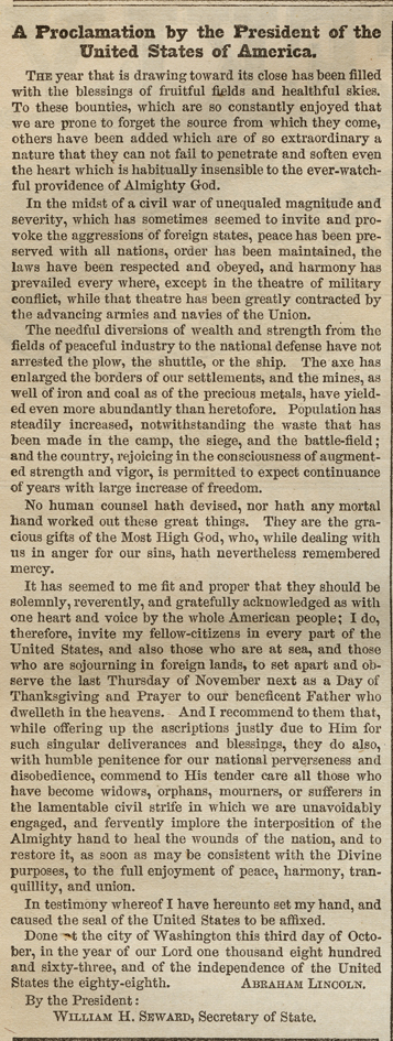 1863 Proclamation of Thanksgiving--Courtesy Gilder Lehman