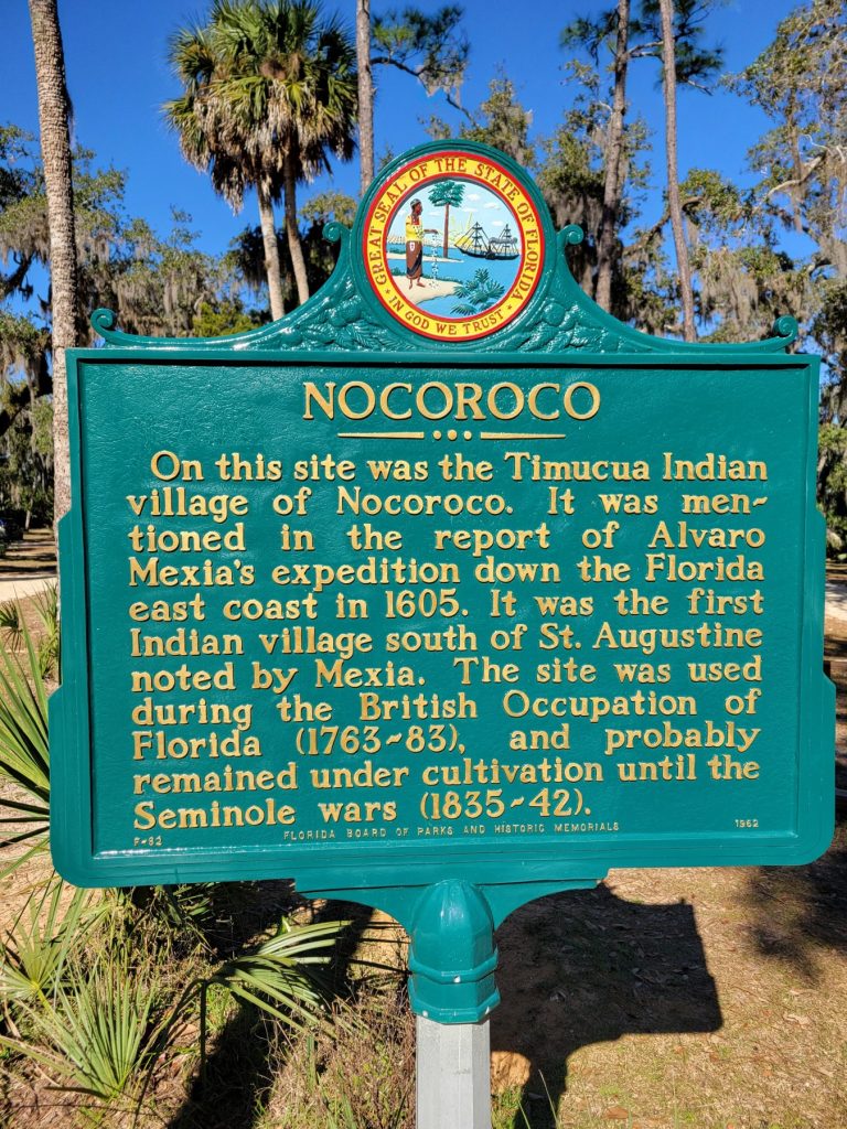 Nocoroco Florida Historic Marker located at Tomoka State Park in Ormond Beach.