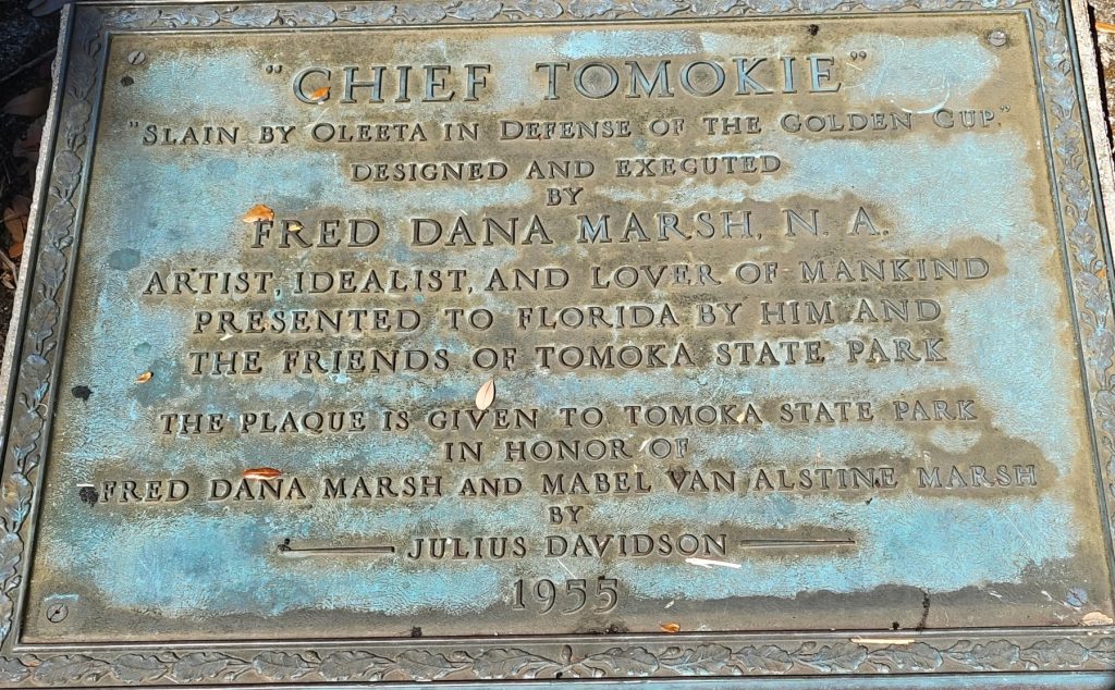 Marker dedicated to artist Fred Dana Marsh is located near what used to be a reflecting pool, located in from of the Chief Tomokie monument. 