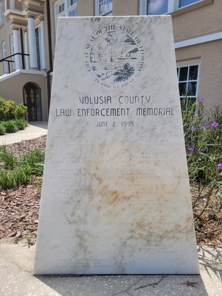 Lewis Tanner Daytona Beach Police Department Law Enforcement Memorial located outside the DeLand Memorial Hospital and Veterans Museum located on Stone Street. 