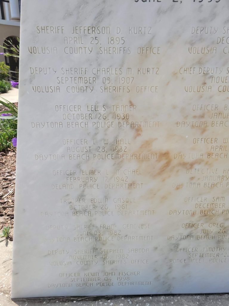 Detail of the Law Enforcement Memorial located on Stone Street, showing the name of Lewis Tanner, Daytona Beach Police Department