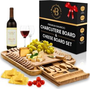 Bamboo Charcuterie Board and Cheese Board Set. Perfect holiday, birthday, wedding, or anniversary gift. Includes knives, labels, and a wine bottle opener. Made from 100% sustainable bamboo. Functional and stylish, the board will be a hit at your next party. Click the image for further details and to order. 