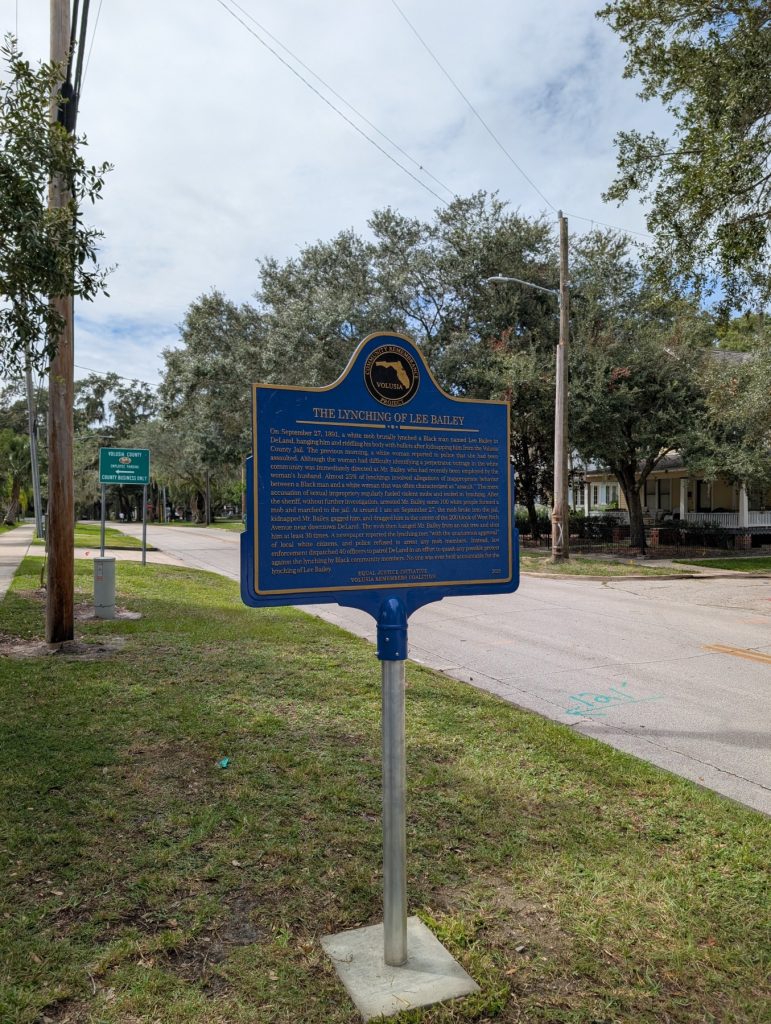Lynching of Lee Bailey wide view of historic marker on Rich Avenue DeLand, FL