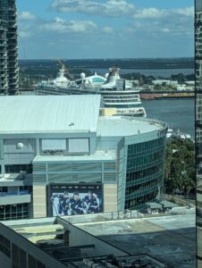 Zoomed in view showing Benchmark International Arena and a cruise ship