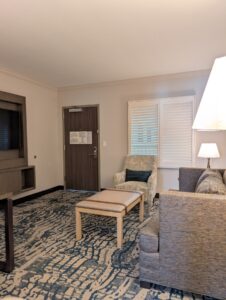 Living room view with couch and television at the Embassy Suites Downtown Tampa