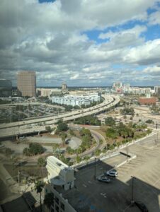 The view from our room at the Embassy Suites featuring the Tampa skyline